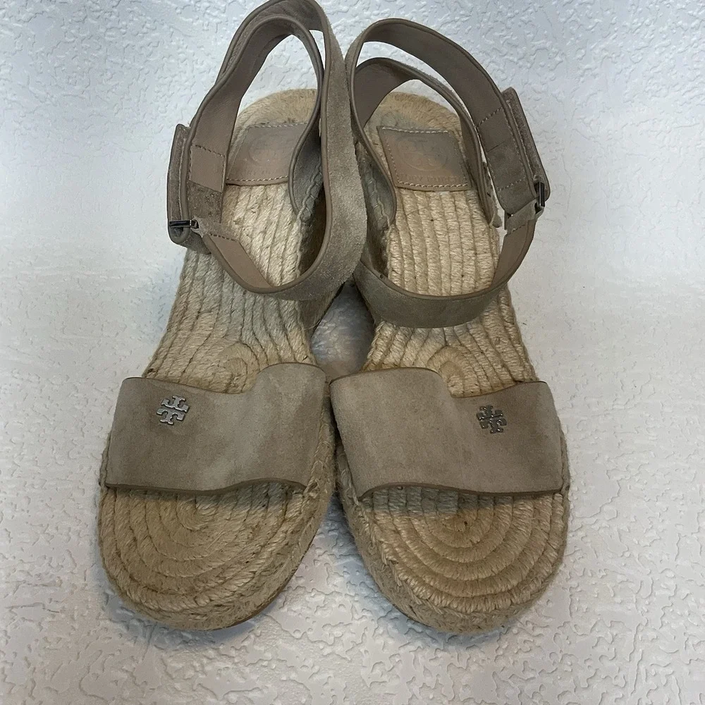 Tory Burch Leather Bima Tan‎ Wedge Espadrille Ankle Strap Sandals 8 Worn Twice